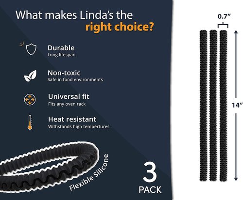 Linda’s Essentials Silicone Oven Guards - Heat-Resistant Rack Protectors, 14-Inch Black (3 Pack)