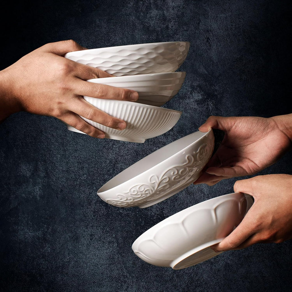 Artena Ceramic Pasta Bowls - 32oz Large Salad Bowls Set of 4 | White Embossed, Microwave & Dishwasher Safe
