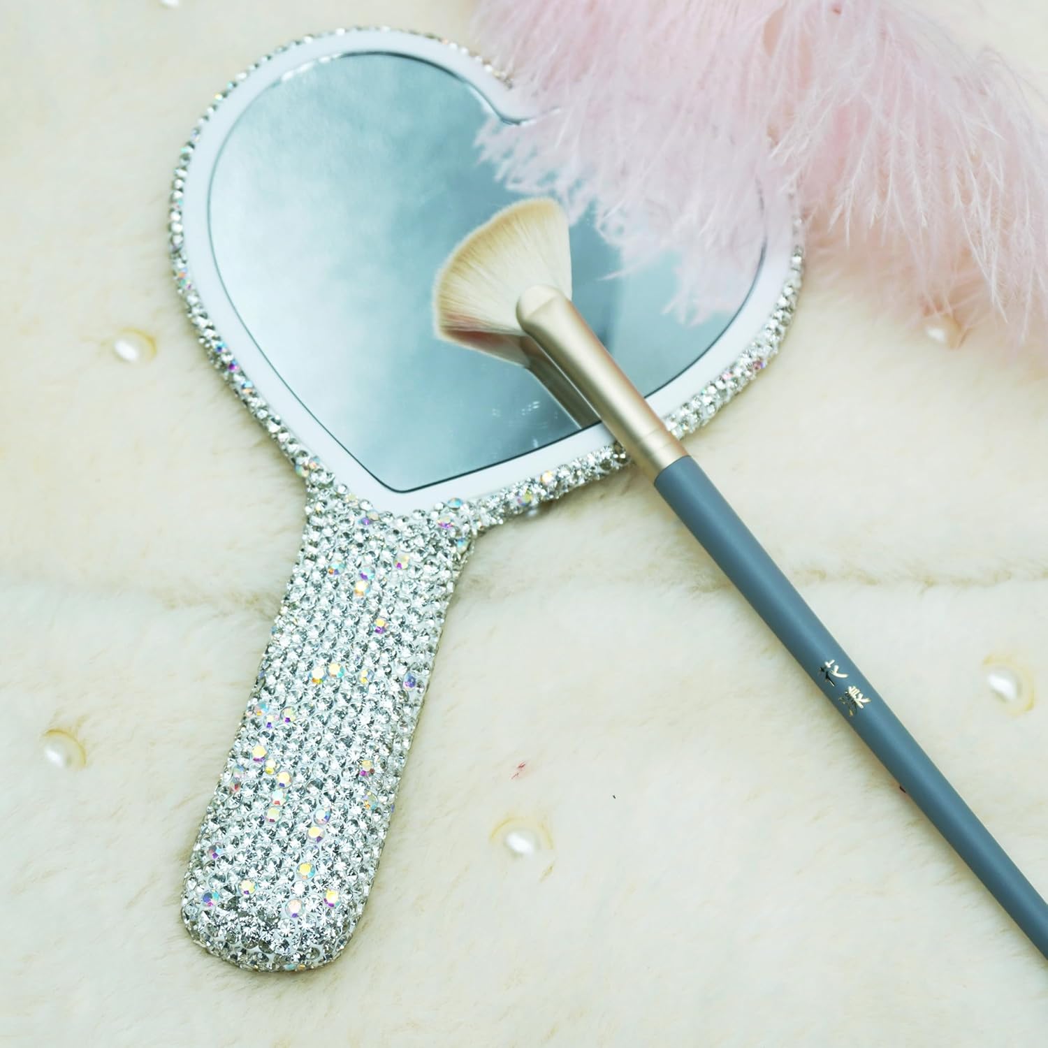 Skiennix Large Rhinestone Handheld Mirror - Dazzling Glitter Design for Weddings | Silver & White
