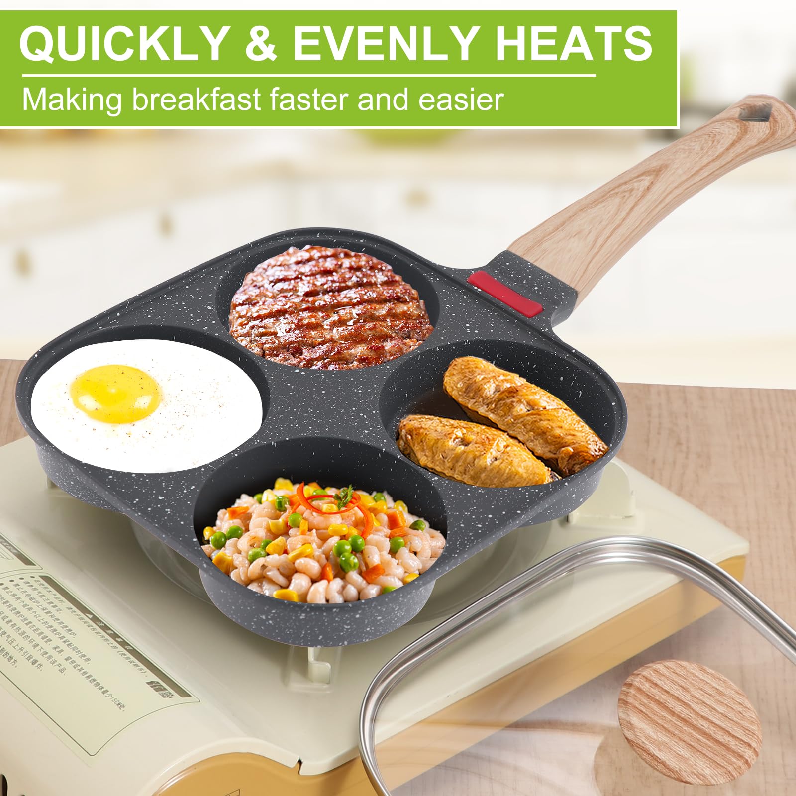 4-Cup Egg Pan, Premium Egg Pans Nonstick, Omelette Pan with Lid , Healthy Egg Frying Pan for Breakfast, Egg Sandwich, Hamburger, Pancake, Egg Skillet Suitable for Gas Stove & Induction Cookware