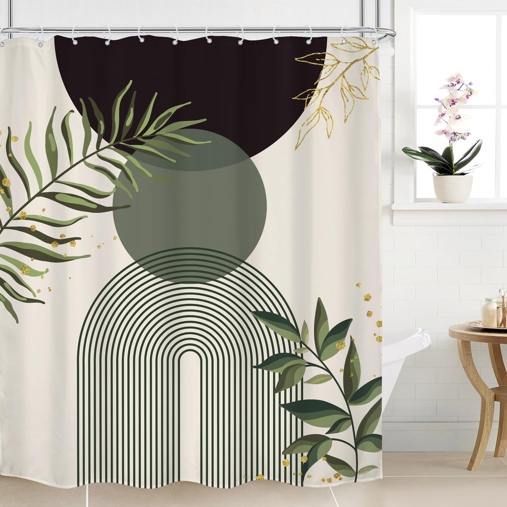 Mitpok Dark Green Boho Shower Curtain 60Wx72H Teal Green Modern Bohemian Mid Century Abstract Gold Leaves Plant Bathroom Decor Minimalist Geometric Neutral Bath Curtain Fabric Polyester 12 Pack Hooks