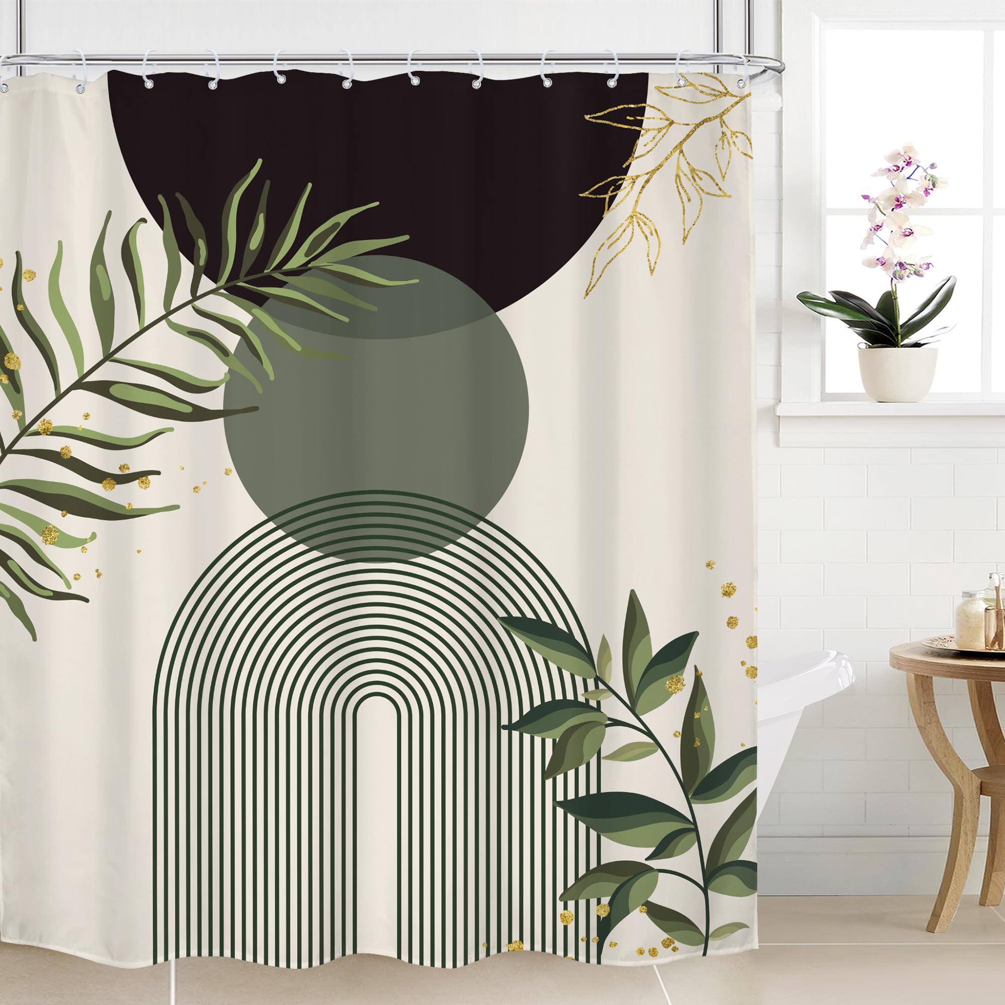 Mitpok Dark Green Boho Shower Curtain 60Wx72H Teal Green Modern Bohemian Mid Century Abstract Gold Leaves Plant Bathroom Decor Minimalist Geometric Neutral Bath Curtain Fabric Polyester 12 Pack Hooks