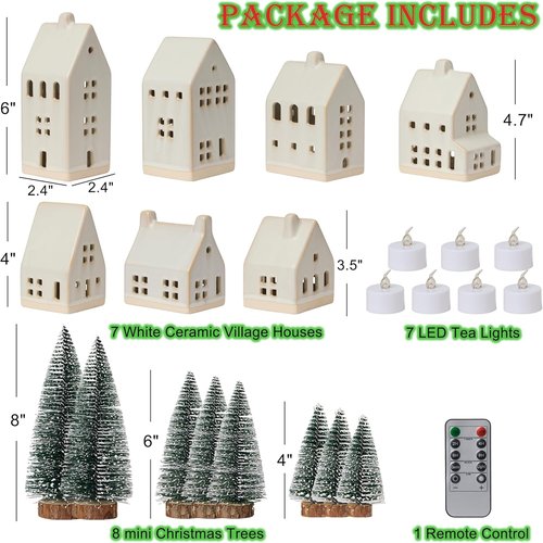 Christmas Village Set - 7 White Ceramic Houses with Remote LED Tea Lights & 8 Mini Trees | Farmhouse Holiday Decor
