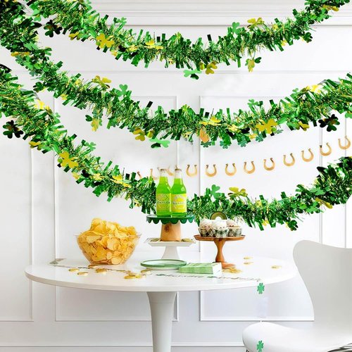Gold Green Shamrock Tinsel Garland 33FT | Shiny Metallic Streamer Twist for Hanging St Christmas Decorations, Indoor Outdoor