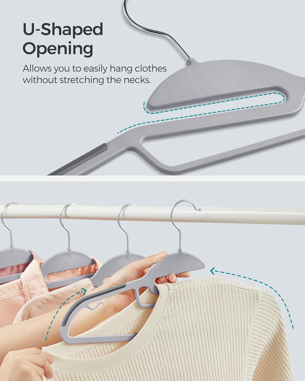SONGMICS Heavy-Duty Plastic Coat Hangers - Space-Saving Design with 360º Swivel Hook | 50 Pack, Light & Dark Gray