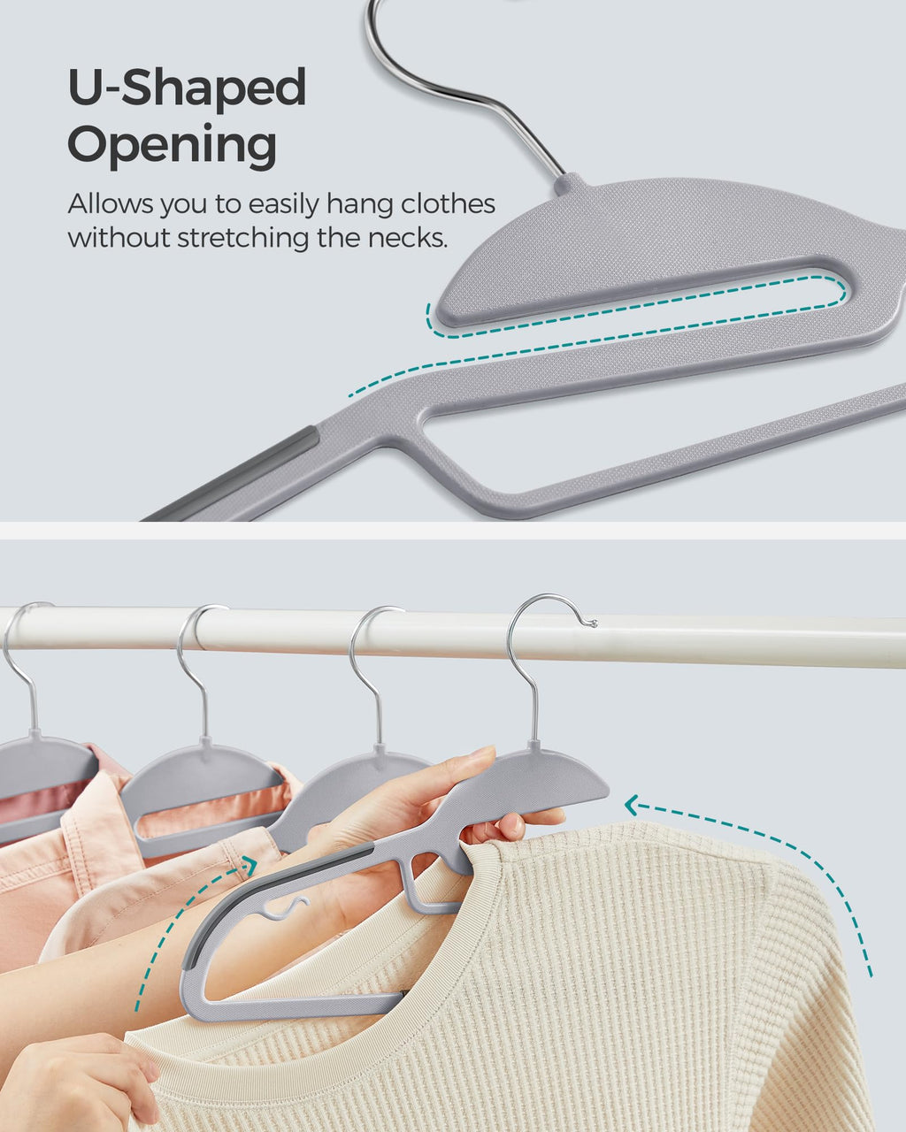 SONGMICS 50 Pack Coat Hangers, Heavy-Duty Plastic Suit Hangers, S-Shaped Opening, Space-Saving, 360º Swivel Hook, 16.3 Inches Wide, Light Gray and Dark Gray UCRP41G-50