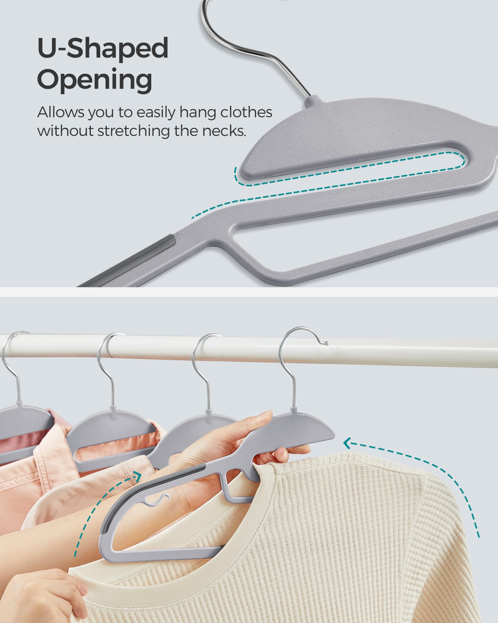 SONGMICS 50 Pack Coat Hangers, Heavy-Duty Plastic Suit Hangers, S-Shaped Opening, Space-Saving, 360º Swivel Hook, 16.3 Inches Wide, Light Gray and Dark Gray UCRP41G-50