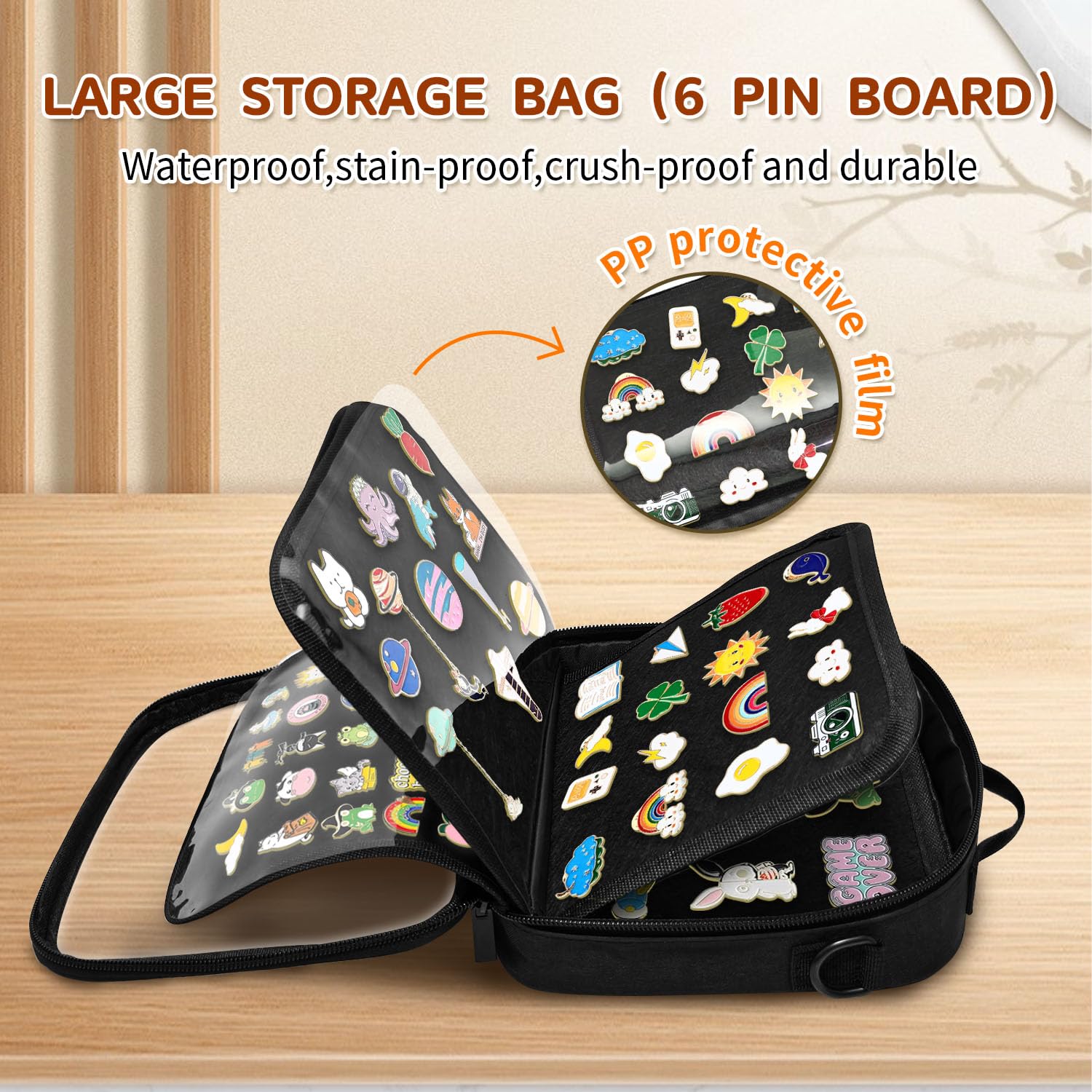 BOHEMIABY Enamel Pin Display Book, Small Collections Travel Pin Trading Book, Brooch Pin Lover Collector Bag, 6-Page Lapel Pin Display Board with Protective Film, Handles and Shoulder Strap, Black