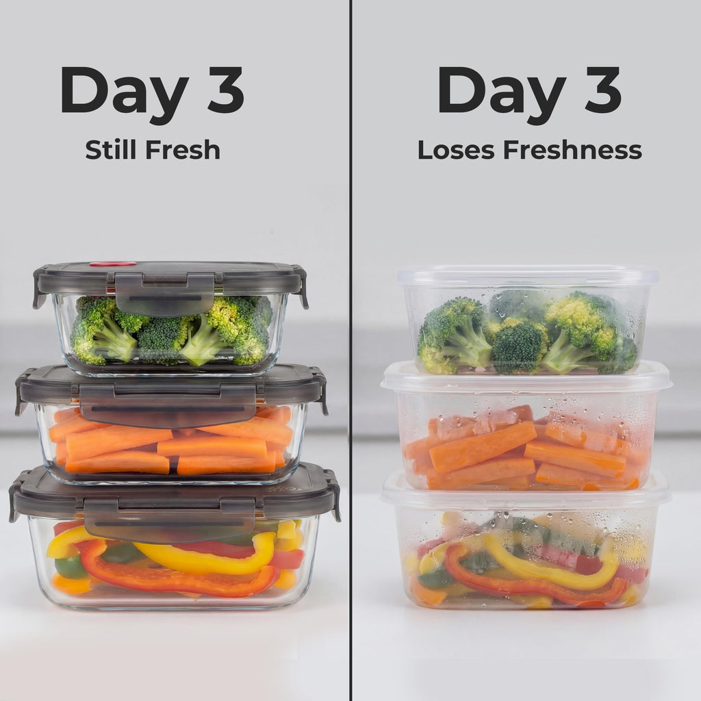Clutterix Borosilicate Glass Airtight Food Storage Containers with Vented Lids, Assorted Set of 6 (3 Rectangular & 3 Square)