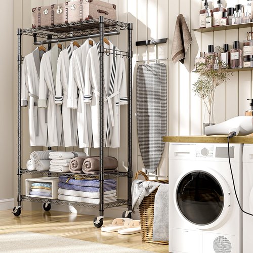M MZG Heavy Duty Rolling Garment Rack 3 Tiers Adjustable Wire Shelving Clothes Rack with Rods and Side Hooks,Storage Closet Clothing Rack with Wheels Black 15.7" D x 29.5" W x 74.5" H