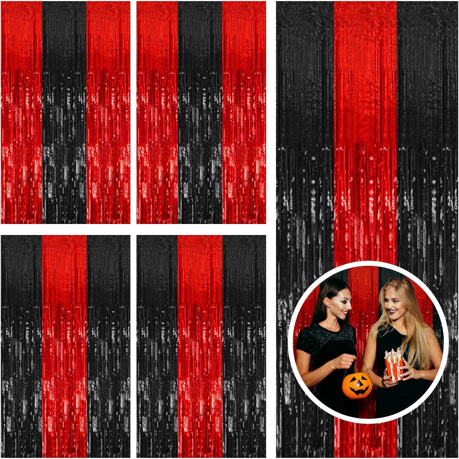 Regine Switzerland 5 Pack Tinsel Curtain Backdrop | Black & Red Party Decorations for Halloween, Birthdays & More