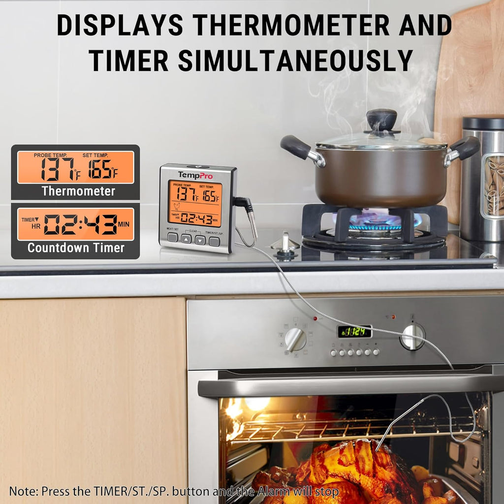 TempPro Digital Meat Thermometer - Accurate BBQ Cooking Tool with Backlight & Timer | Ideal for Smoker, Oven, Baking