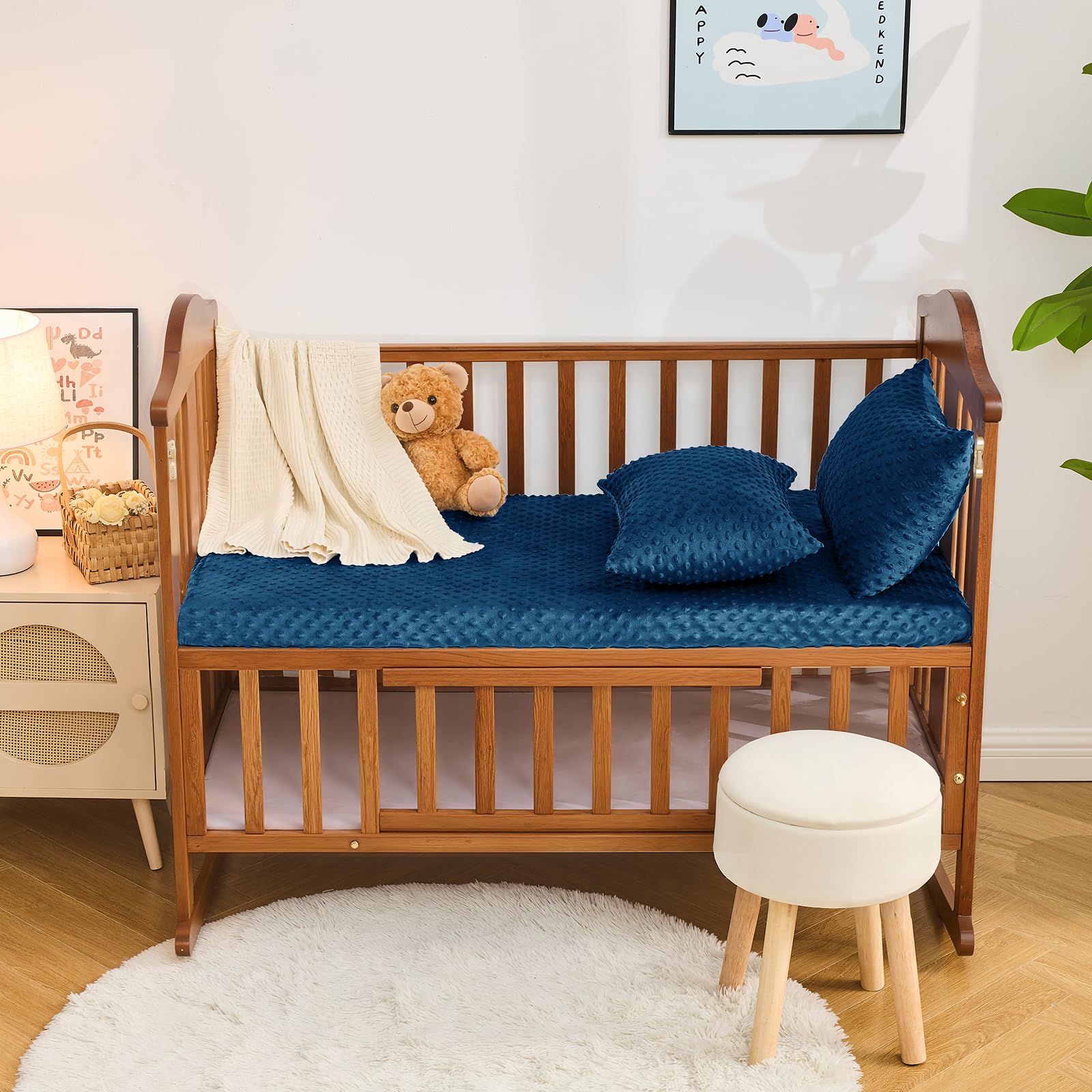 Entisn Pack N Play Sheets Fitted, 26 x 38 Inch Minky Dot Mini Crib Sheet for Boys, Soft and Warm Fleece Nursery Bedding for Most Mini Crib Mattresses (Navy Blue)