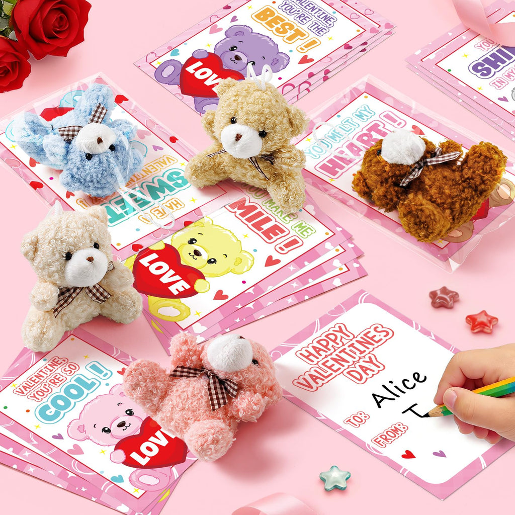Jumlys Valentines Day Gifts for Kids, 24 Packs Valentines Day Cards with Stuffed Bear Toys, Valentine Day Party Favors for Boys Girls, Ideal Exchange Cards for Classroom