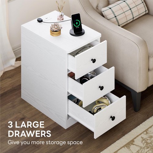LIKIMIO Nightstand with Charging Station, Narrow Bedside Table with 3 Drawers, End Table with USB Ports and Outlets, Side Table for Living Room/Bedroom Modern