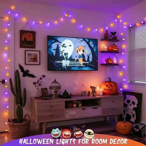 JMEXSUSS 100 LED Globe String Lights - 33ft Indoor/Outdoor Fairy Lights with Remote | 8 Modes in Orange & Purple