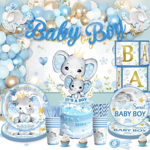cocomigo 260PCS Elephant Baby Shower Decorations, All-in-1 Party Pack, Includes 20 Elephant Theme Tableware, Backdrop Tablecloth Balloon Kit for Baby Shower Decorations Boy
