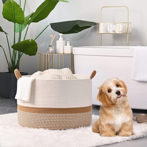 KAKAMAY Large Woven Blanket Basket - Cotton Rope Storage Hamper for Baby Laundry & Toys | White/Brown