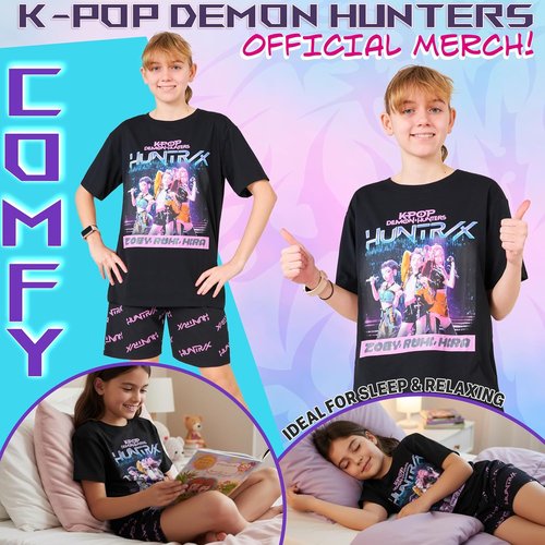 KPop Demon Hunters | Officially Licensed 2-Pc Girls Pajama Set - Soft T-Shirt & Shorts, Ages 5-14