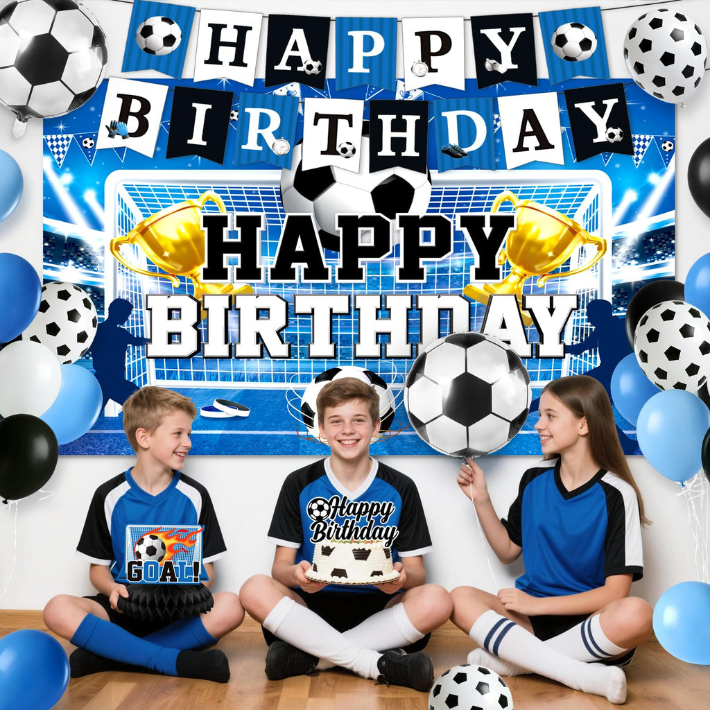 Soccer Birthday Party Decorations, 44Pcs Soccer Party Decorations with Happy Birthday Backdrop Tablecloth Foil & Latex Balloons and Cake Toppers Honeycomb Centerpieces for Boys’ Sports Party Supplies