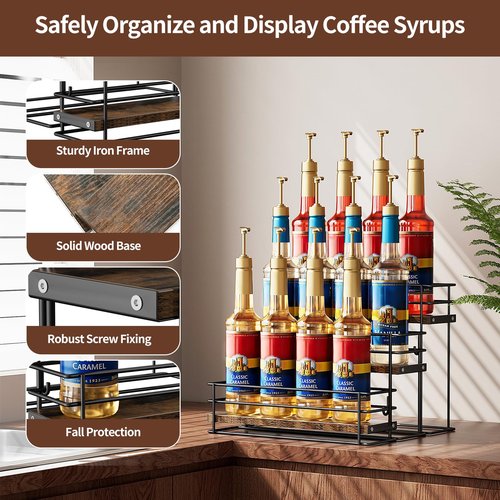 Nuovoware Coffee Syrup Organizer, 3-Tier 12 Bottles Bar Organizer, Separable Metal Rack with Wooden Base Whiskey Wine Dressing for Countertop Kitchen Coffee Bar, Black