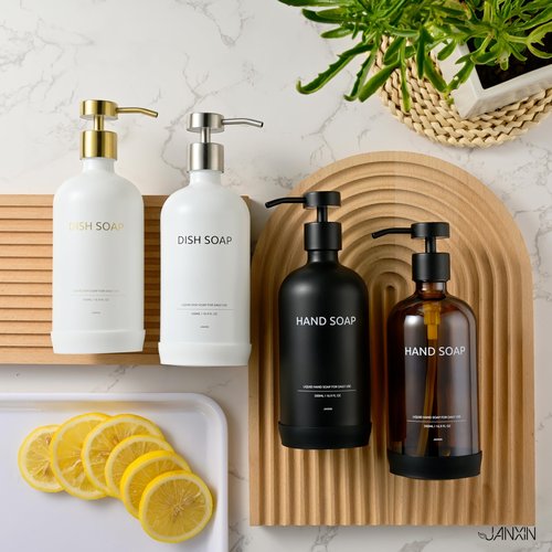Glass Soap Dispenser Set by Janxin,Bathroom Soap Dispenser Set with Ceramic Tray,Luxury Bathroom Accessories,Modern Kitchen Decor (White+Gold(Hand Soap))