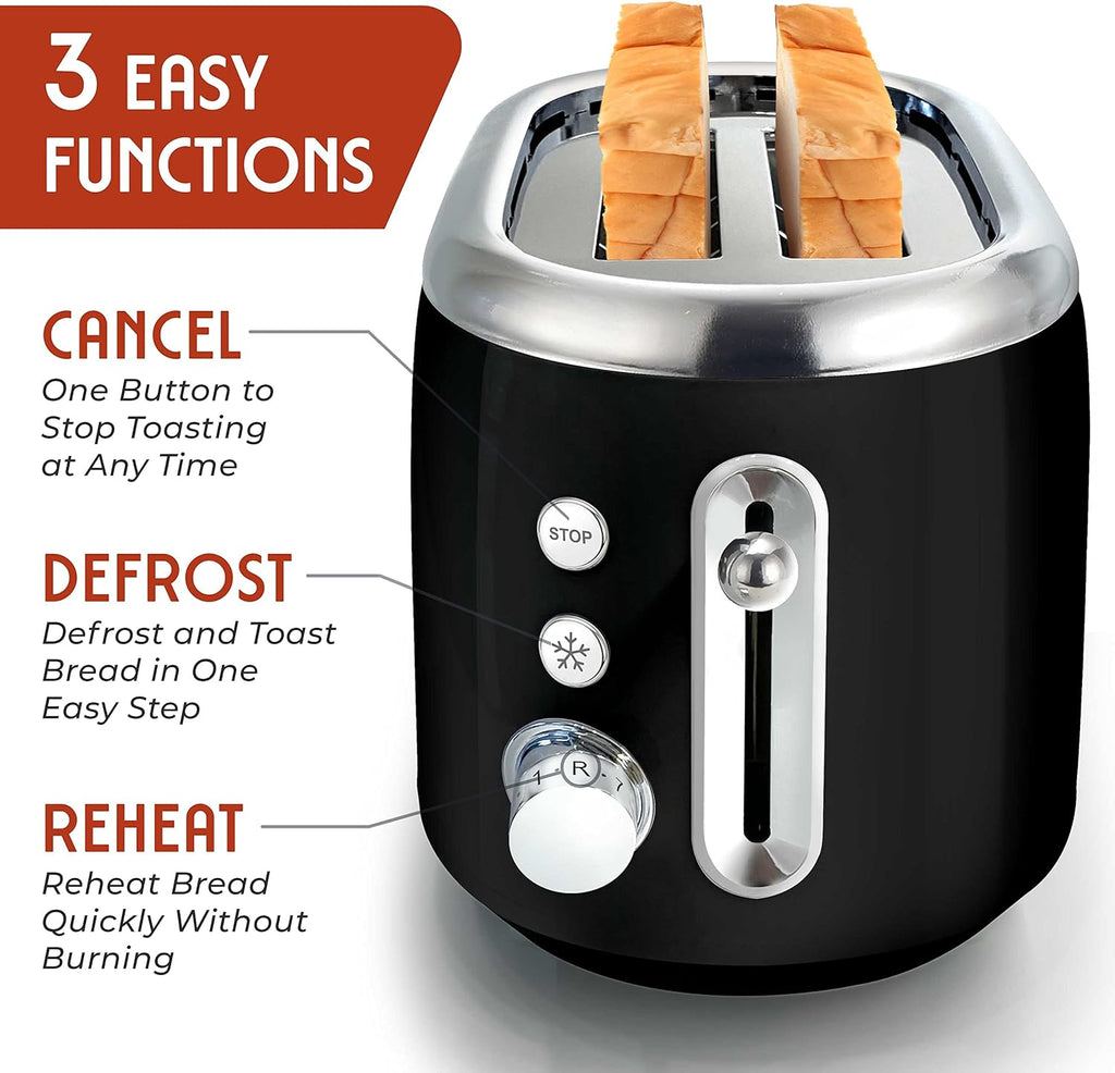 MUELLER HOME Retro Toaster - 2 Slice with 7 Browning Levels & 3 Functions | Stainless Steel, Black