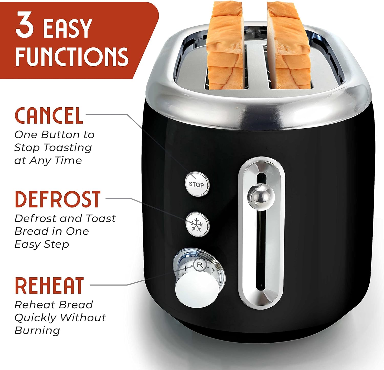 MUELLER HOME Retro Toaster - 2 Slice with 7 Browning Levels & 3 Functions | Stainless Steel, Black