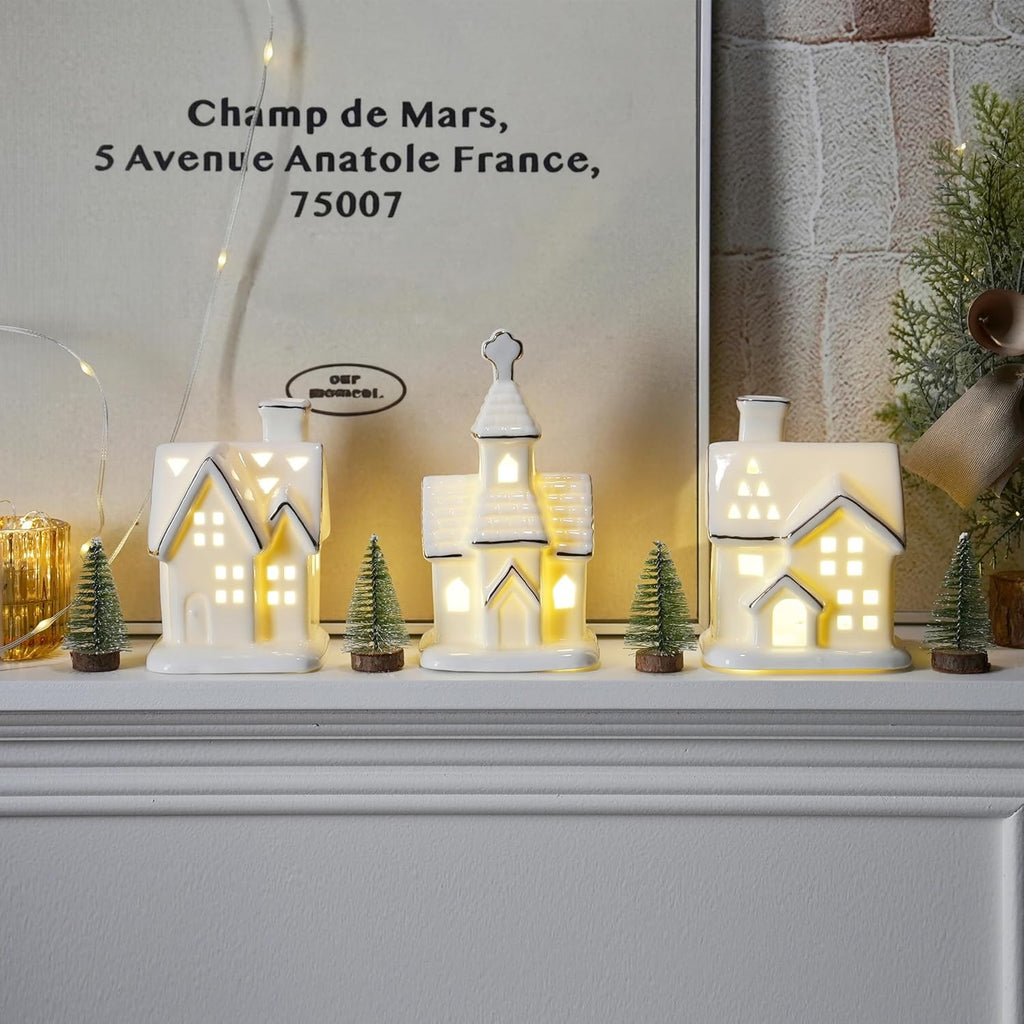 White Christmas Village Houses - 3Pcs Glazed Ceramic Houses with Trees | Light Up Xmas Decor Set
