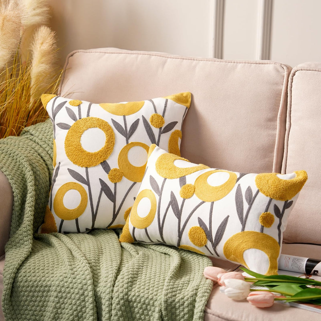 ARTMAGIC White Embroidery Floral Throw Pillow Covers Spring Summer Decorative Pillowcase Square Cushion Cover for Couch Sofa Bed Living Room Bedroom Decor (Yellow 02, 12" x 20")