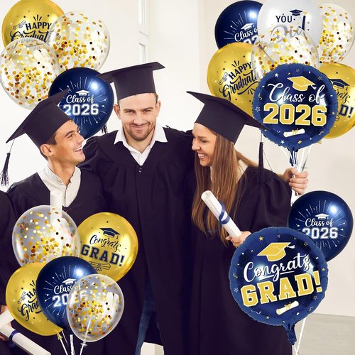 Graduation Balloons by [Brand Name] - Navy Blue & Gold 51-Piece Set with Confetti Ribbons | Perfect for 2026 Grad Party
