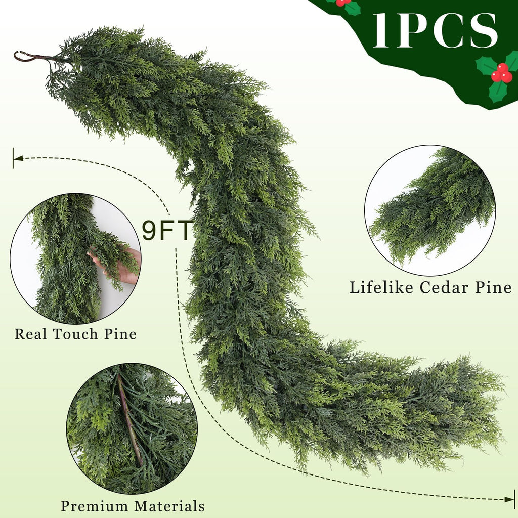 9FT Real Touch Christmas Cedar Garland - 1PCS, Artificial Pine Needles Garlands Realistic Fake Green Faux Garland for Holiday Fireplace,Table,Window,Stairs,Mante,Indoor Outdoor Decor