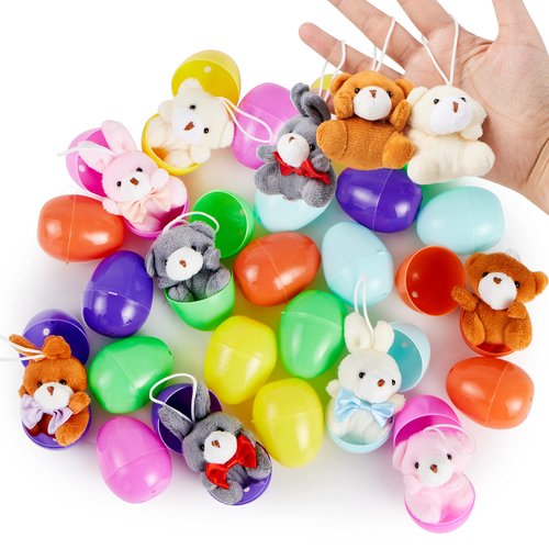 JOYIN 24 Pcs Pre-Filled Easter Egg with Plush Bunnies and Bears, Plush Animal Keychain for Kids Easter Egg Hunt, Goodie Bag Fillers, Basket Stuffers, and Party Favor