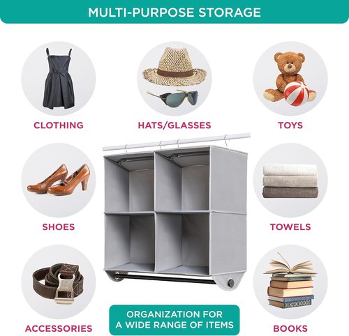 HOLDN’ STORAGE Hanging Closet Organizer - Heavy Duty 4-Shelf Unit with Garment Rod, Grey