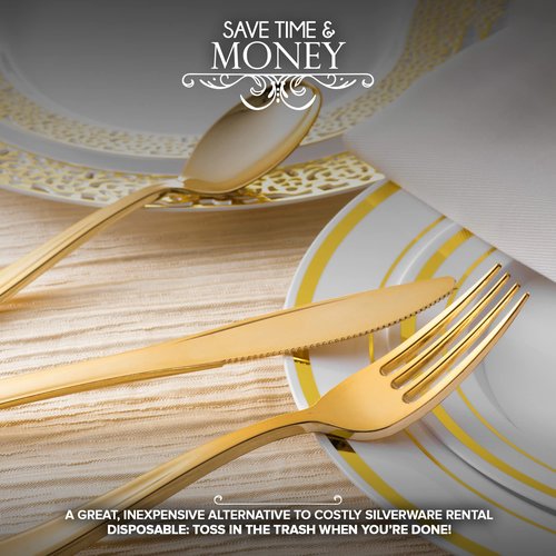700 Piece Dinnerware Set for 100 Guests: 200 Gold-Rim Plates, 100 Silverware Sets, 100 Cups, 100 Napkins – Bulk Disposable Party Supplies for Weddings and Events