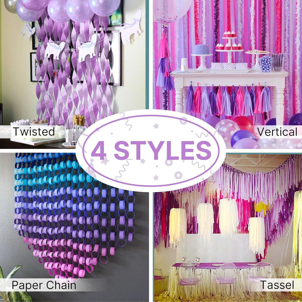PartyWoo Crepe Paper Streamers - Light Pastel Pink & Purple | 4pcs, 328ft for Birthday & Baby Showers