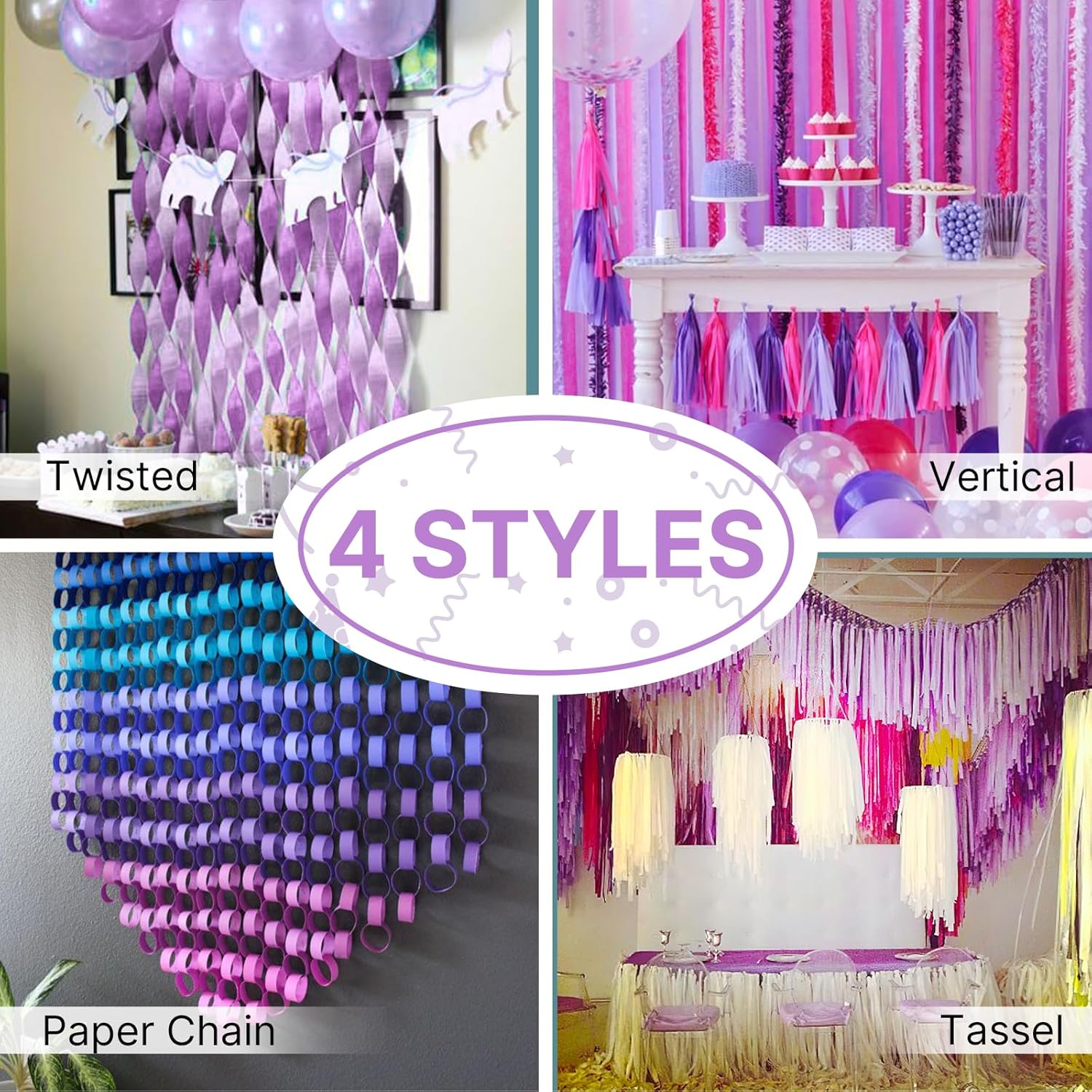 PartyWoo Crepe Paper Streamers - Light Pastel Pink & Purple | 4pcs, 328ft for Birthday & Baby Showers