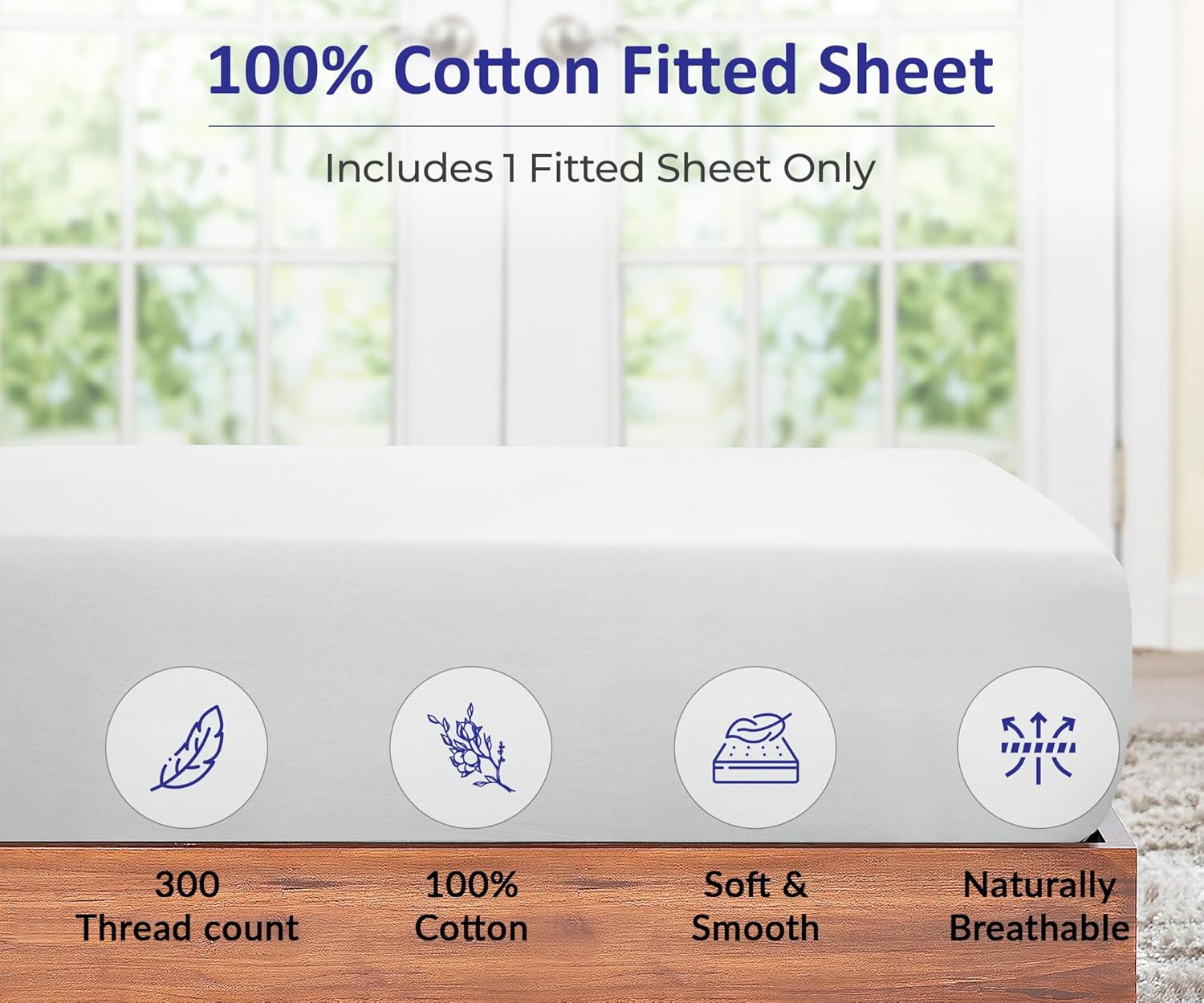 Royale Linens 300 Thread Count Fitted Sheet - Super Soft 100% Long Staple Cotton | Queen Size, White