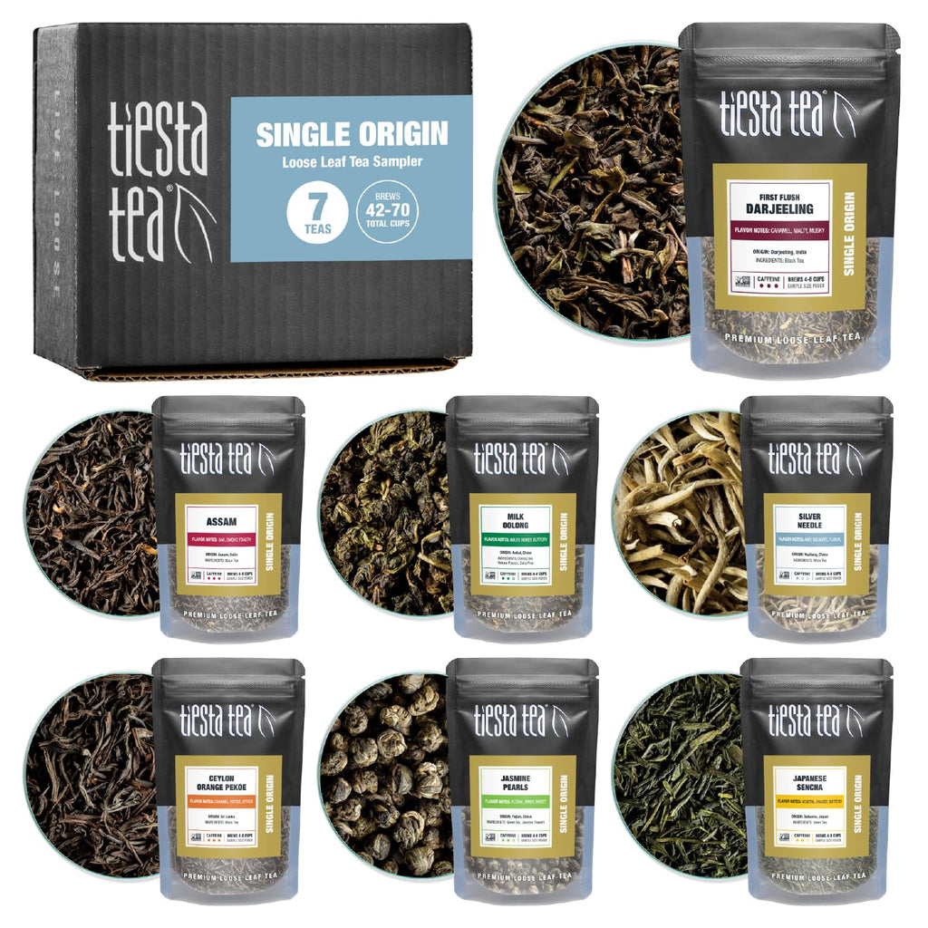 Tiesta Tea - Single Origin Tea Sampler Dry Flight Set, Mother's Day Loose Leaf, High to Low Caffeine, Makes Hot & Iced, Assorted Brew Sets with Green, White, Black & Oolong, 7 Sample Pouches