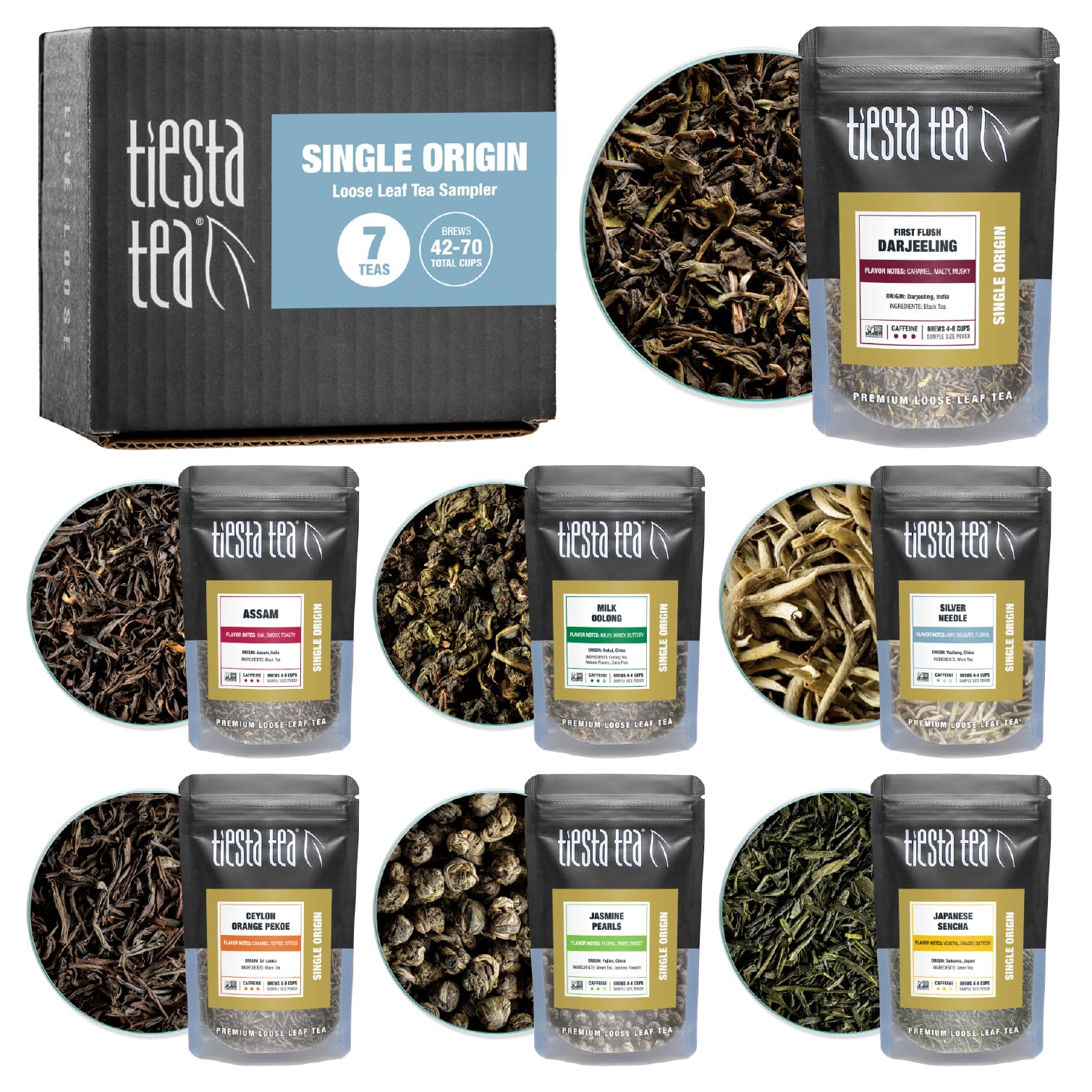 Tiesta Tea - Single Origin Tea Sampler Dry Flight Set, Mother's Day Loose Leaf, High to Low Caffeine, Makes Hot & Iced, Assorted Brew Sets with Green, White, Black & Oolong, 7 Sample Pouches