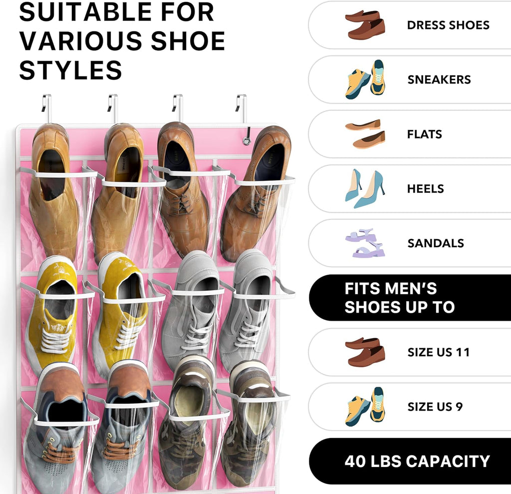 Simple Houseware Over The Door Hanging Shoe Organizer - 24 Clear Pockets, Pink (56" x 22.5")