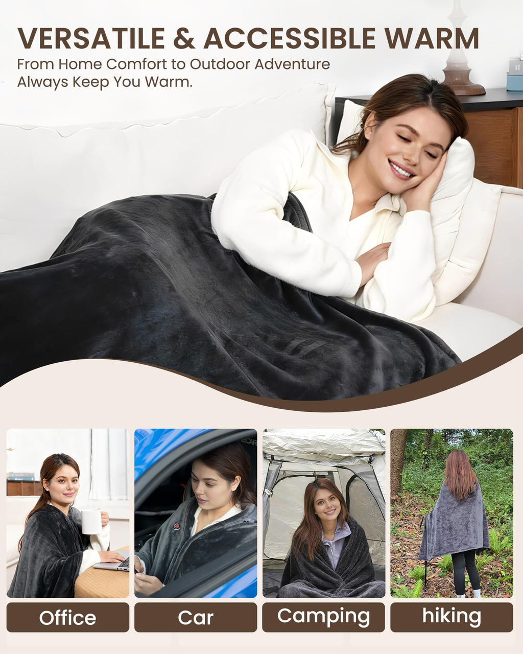 Cordless Heated Blanket with Hood, USB Battery Powered Heated Wearable Blanket with 9 Heating Zones, 20000 mAh Power Bank, 3 Levels, Portable Heated Throw Blanket, Heated Shawl (Warm Comfort Gray)