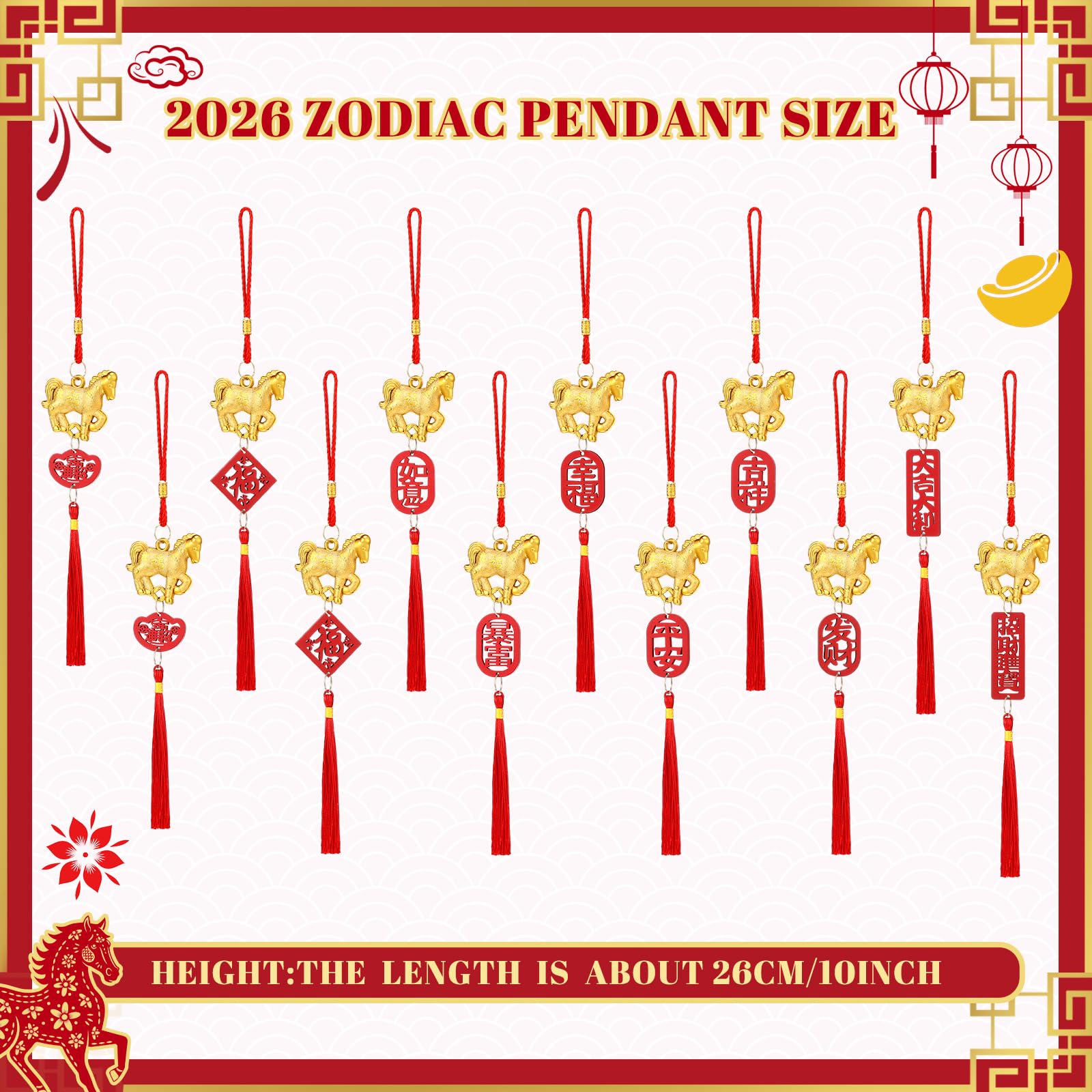 Geosar 12 Pcs Chinese New Year Decorations 2026 Year of The Horse Lucky Charm Lunar Red Hanging Ornaments Feng Shui Tassel Knot Wealth Good Luck for Home, Office, Car, Trees Decor(Horse Style)