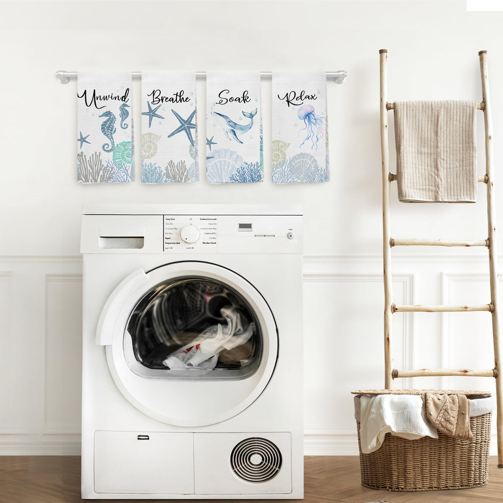 WARDOS Coastal Hand Towels for Bathroom Set of 4, Relax Breathe Soak Unwind Decorative Hand Towels for Gym Yoga Spa Bathroom Kitchen Decor, 16x24 Inch