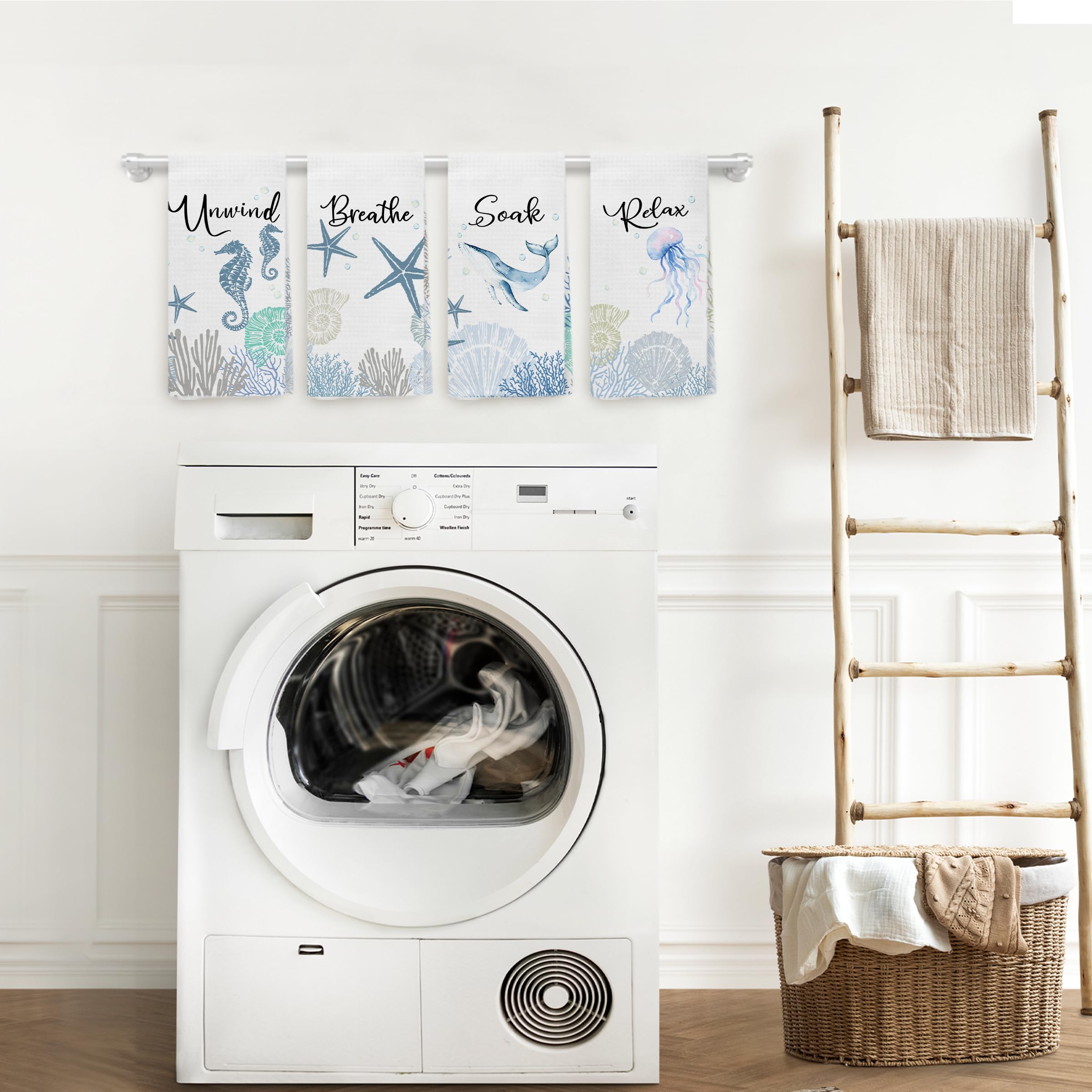 WARDOS Coastal Hand Towels for Bathroom Set of 4, Relax Breathe Soak Unwind Decorative Hand Towels for Gym Yoga Spa Bathroom Kitchen Decor, 16x24 Inch