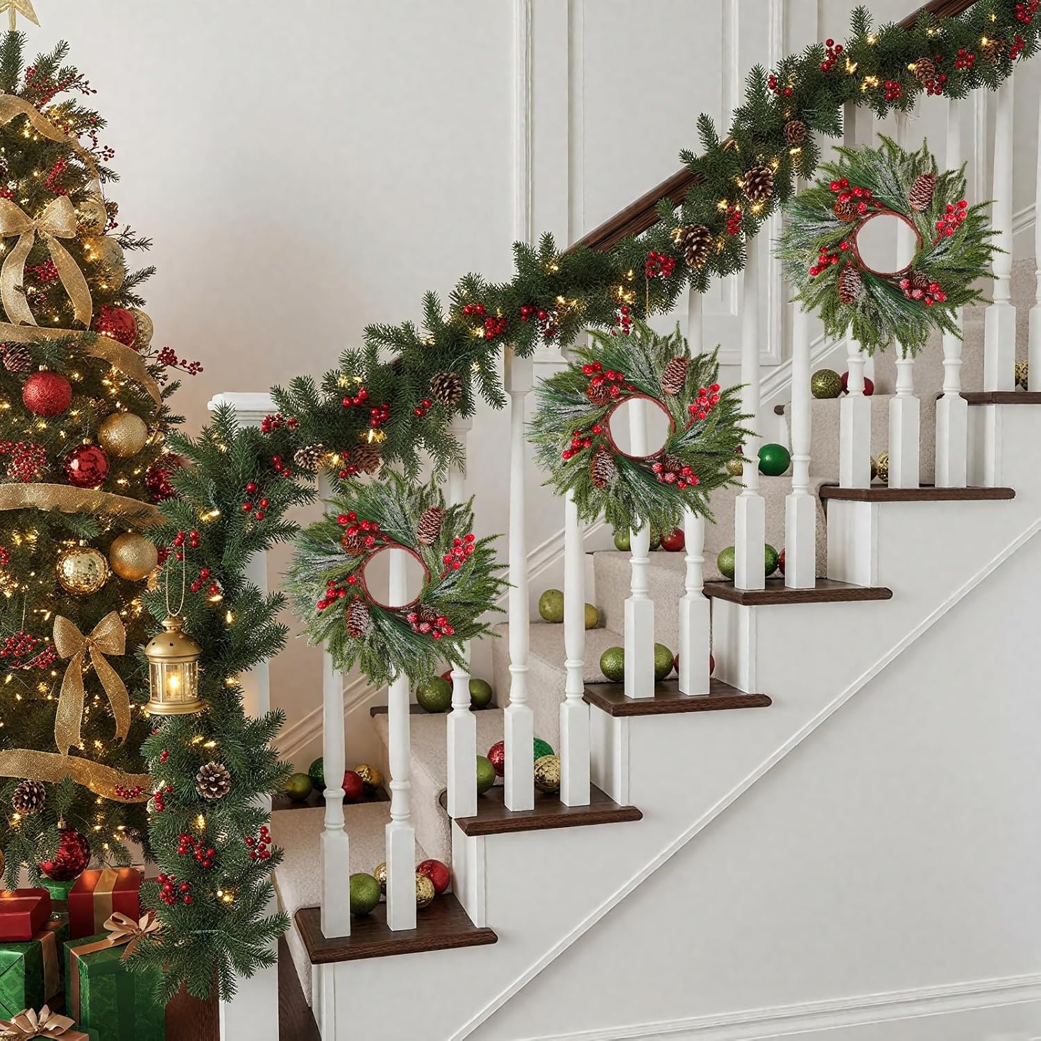 Suncalla Christmas Candle Rings - 8 Pcs Artificial Red Berry Wreaths for Festive Home Decor