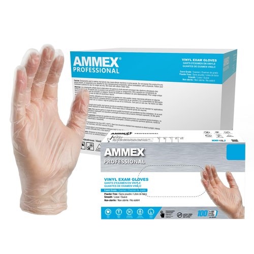 AMMEX Clear Vinyl Disposable Exam/Medical Gloves 3 Mil, Latex/Powder-Free, Food-Safe, Smooth, Non-Sterile Large, Case of 1000