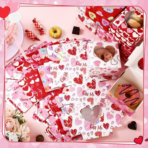 Dispowreath 24 Pcs Valentine's Day Treat Boxes Conversation Heart Cardboard Box with PVC Window Valentines Sweet Bakery Box Pink Red Paper Gift Container for Cookie Goodie Candy Wedding Party Favors