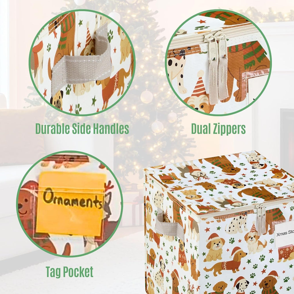 VENO Christmas Ornament Storage Box - 2 Pack with Adjustable Dividers & Zippered Top | Holds 64 Ornaments, 3 Inch Cube Compartments (Holiday Pups)