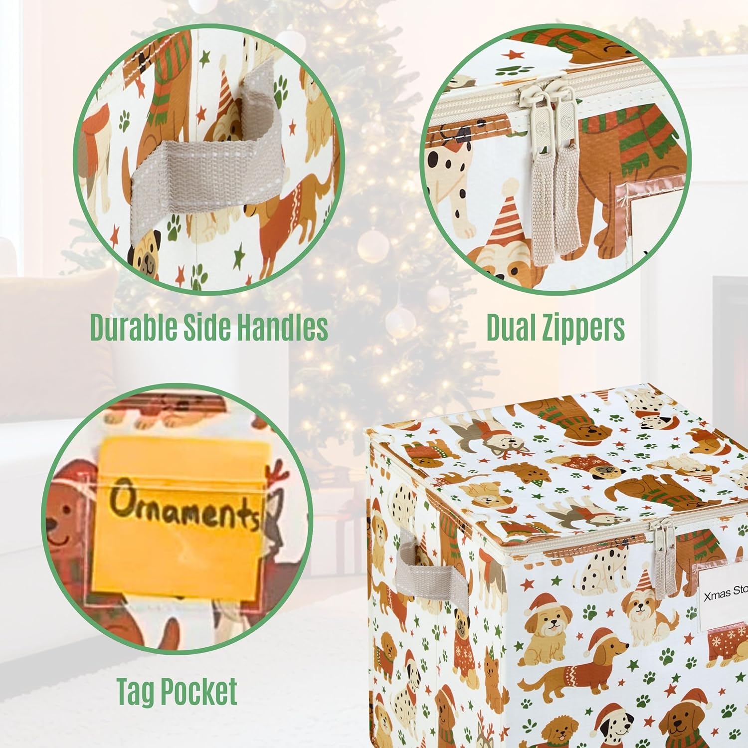 VENO Christmas Ornament Storage Box - 2 Pack with Adjustable Dividers & Zippered Top | Holds 64 Ornaments, 3 Inch Cube Compartments (Holiday Pups)